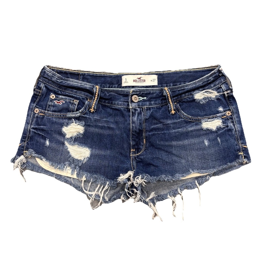 Hollister Low Rise Cut Off Denim Shorts Size 5 Blue Distressed Mini Micro Y2K